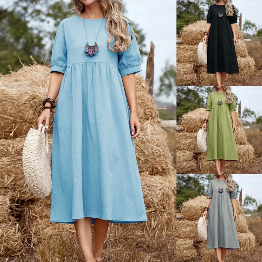 

High Waist Dresses Women Solid Dress Loose Fit Spliced O Neck Short Sleeve Ankle Length Dresses Summer Basics 2025 A Line