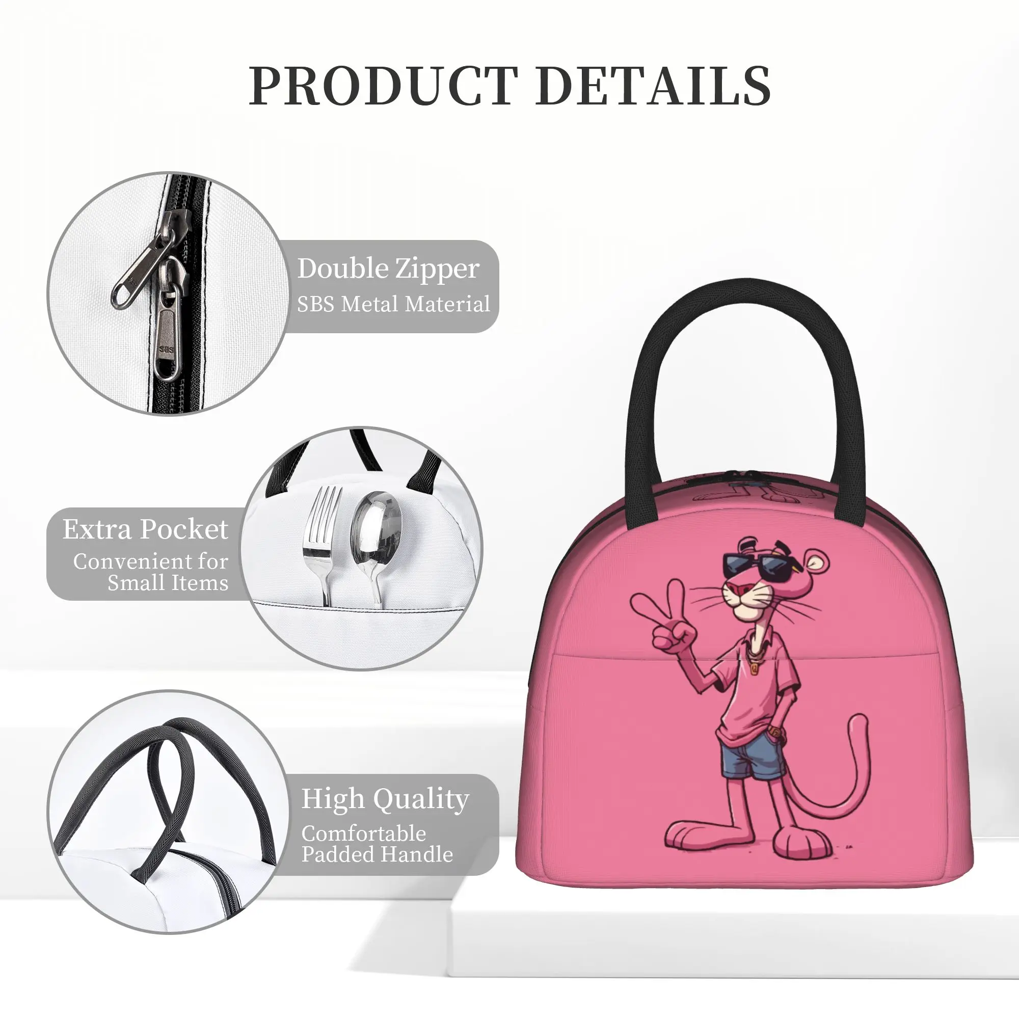 Cartoon Pink P-Panthers  Insulated Lunch Bag Thermal Bag Meal Container  Leakproof Lunch Box Tote Bento Pouch Work  Outdoor view 5