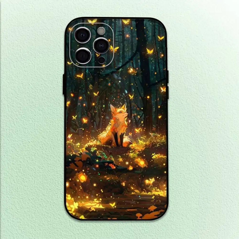 حافظة هاتف كارتون فوكس لطيفة لهاتف آيفون 17،16،15،14،13،12،11 بلس، برو ماكس غطاء أسود ناعم