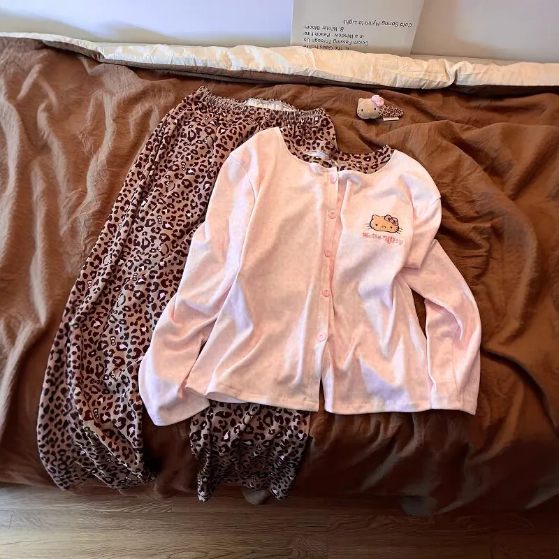 

Cute Hello Kitty cartoon Pajama Set, Women's Pink Leopard Print Loungewear, Long Sleeve Top & Pants Comfortable Home Nightwear