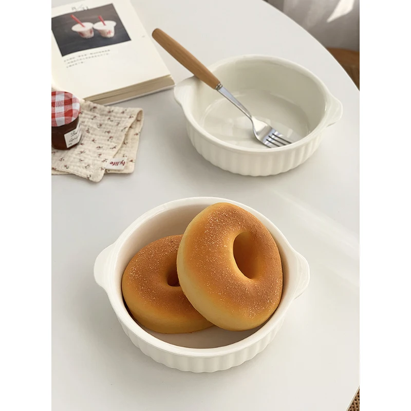 Household Ceramic Bowl Japanese Style Ins Simple Round Double Eared Tableware Dessert Fruit Salad Soup Bowls Kitchen Supplies