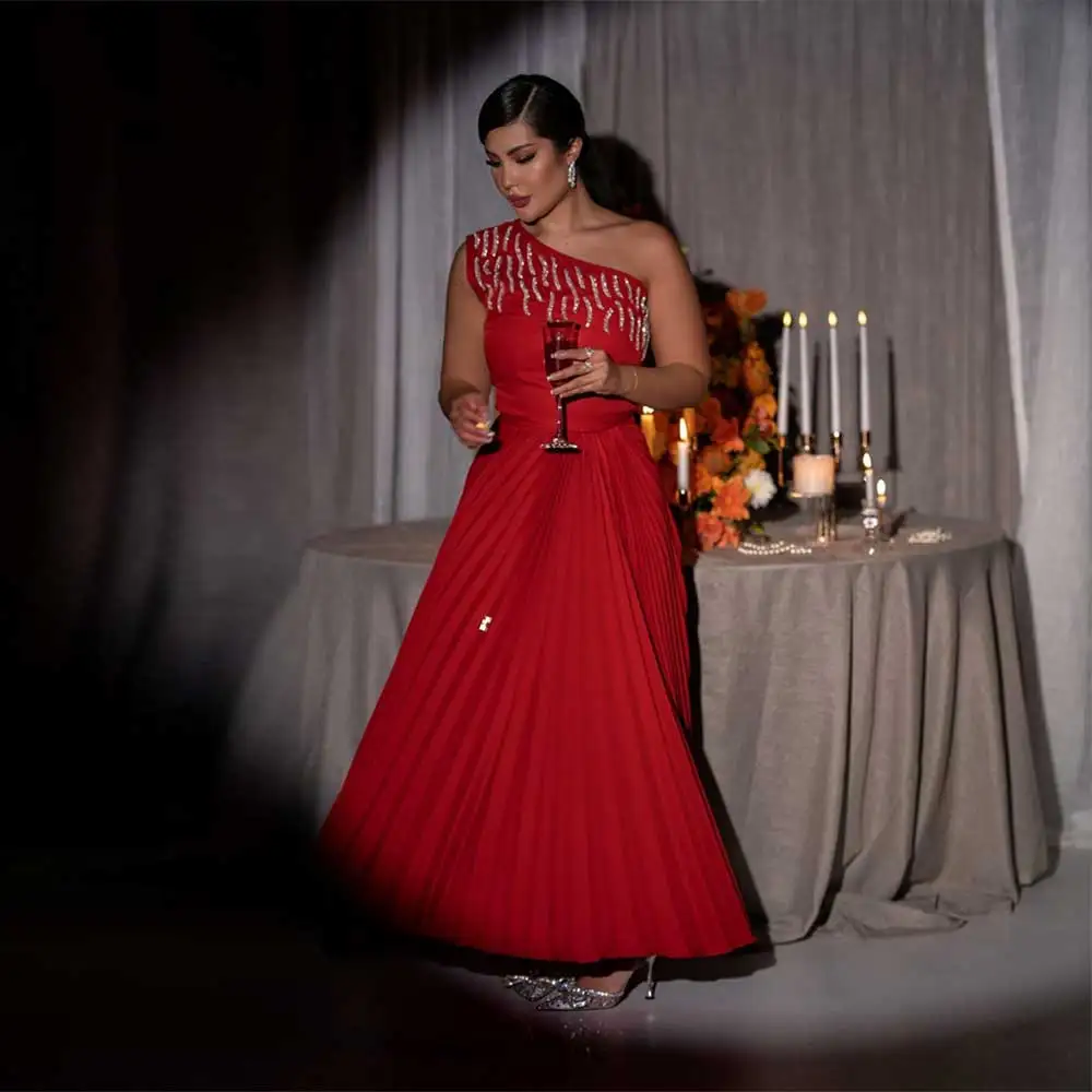 Customized Single Shoulder Pleated Prom Gown Red Beaded A-line Saudi Arabia Women's Formal Occasion Evening Dress فساتين للحفلات