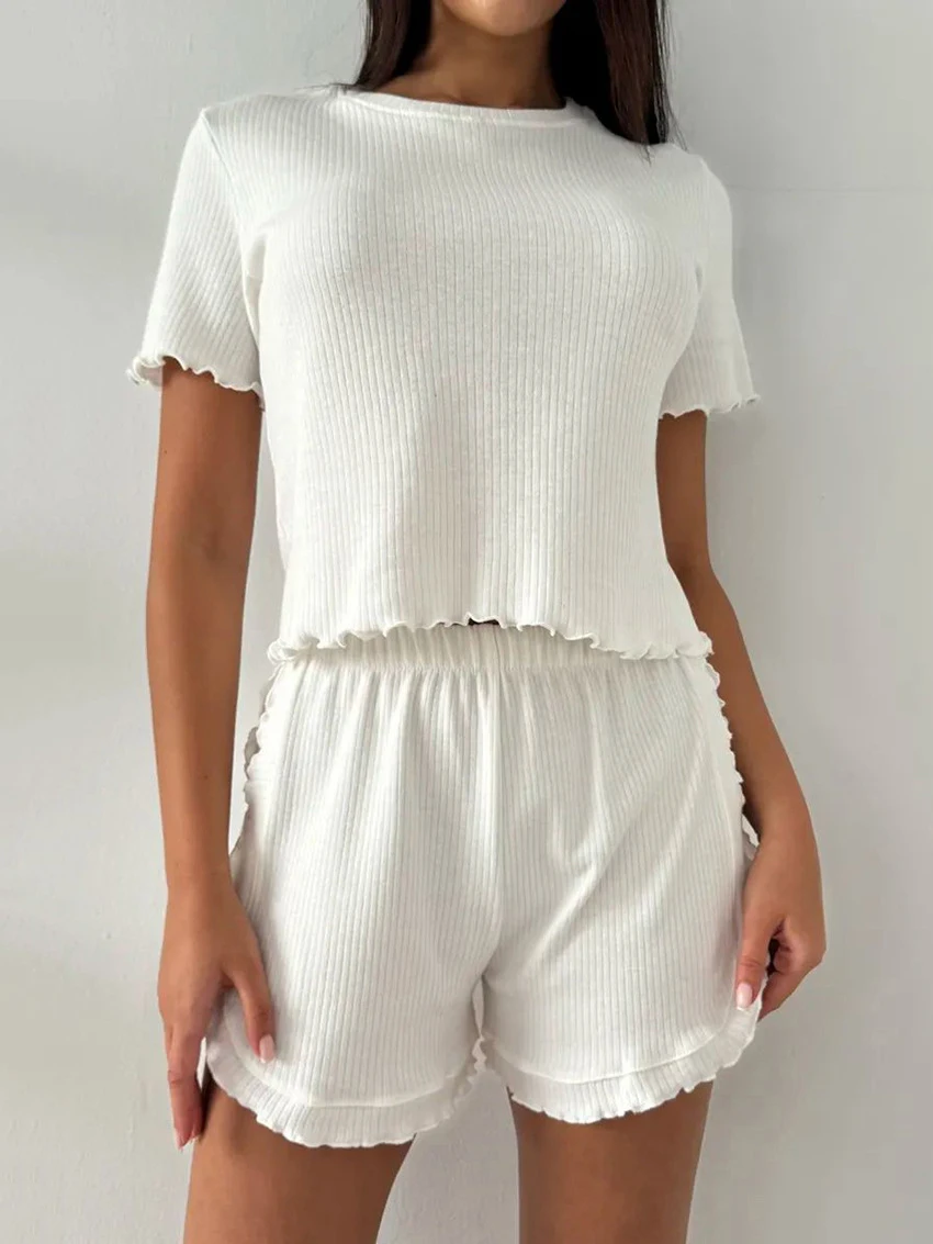 Marthaqiqi White Ladies Pajamas Set Crop Top Nightwear Short Sleeve Sleepwear O-Neck Nightie Shorts Casual Female Nightgown Suit