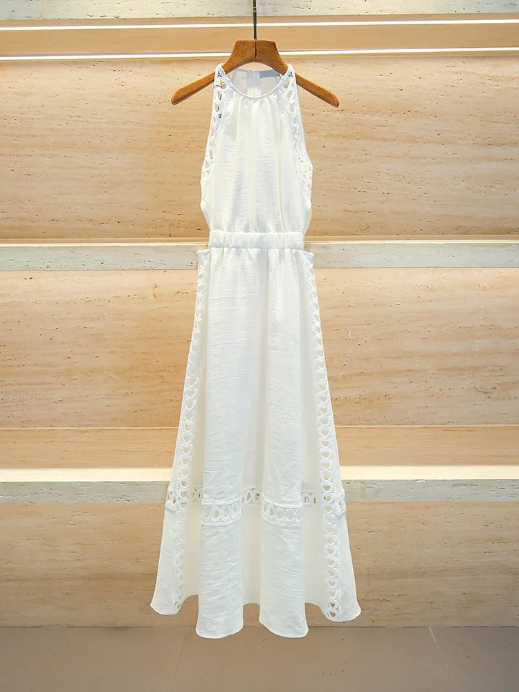 

Summer New White Women Cotton Hollow Out Tank Dress A-Line High Waist Lace-Up O-Neck Ladies Elegant Robe