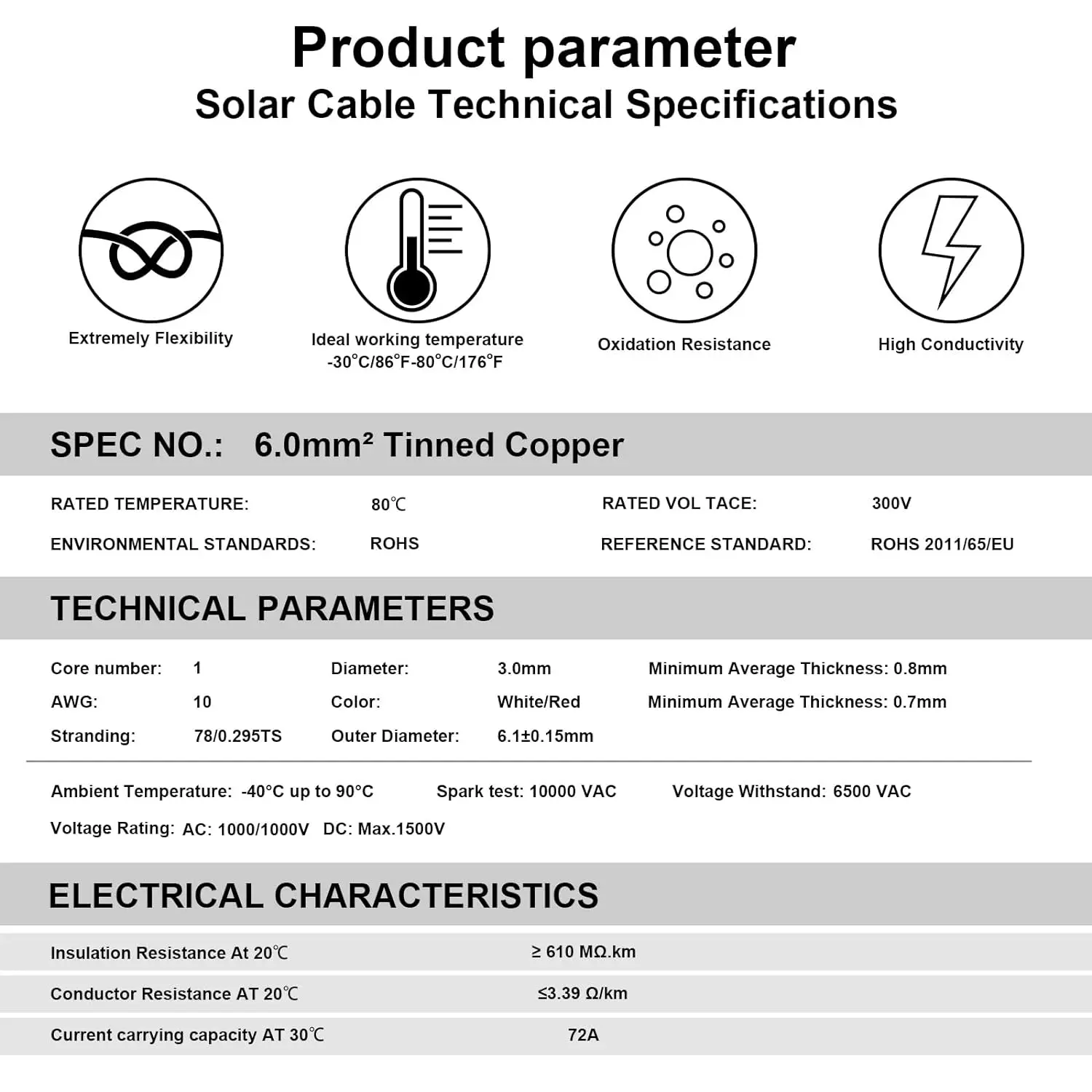 Cable fotovoltaico de 6 metros cuadrados, cable fotovoltaico, PV1-F6, núcleo de cobre estañado