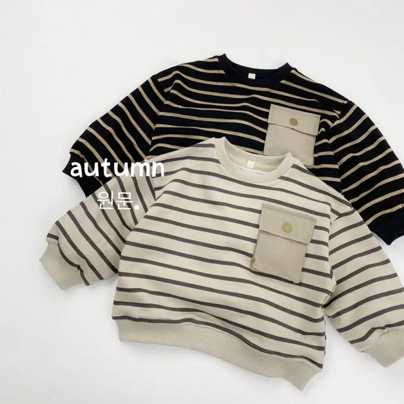

2025 Autumn New Children Casual Striped Sweatshirt Boys Girls Long Sleeve Pullover Baby Cotton Loose Tops Kids Clothes