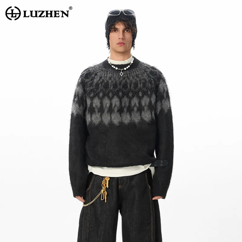 

LUZHEN зимний стильный клетчатый геометрический узор красивый вязаный пуловер с круглым вырезом для мужчин 2026, новый высококачественный мужской свитер JY5802