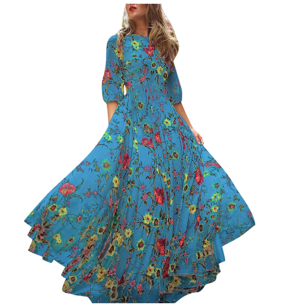 Frauen Halbarm Kleider lässig Rundhals ausschnitt Boho Resort Stil Kleid Modetrend fließende Big Swing Blumen bedruckte Kleider