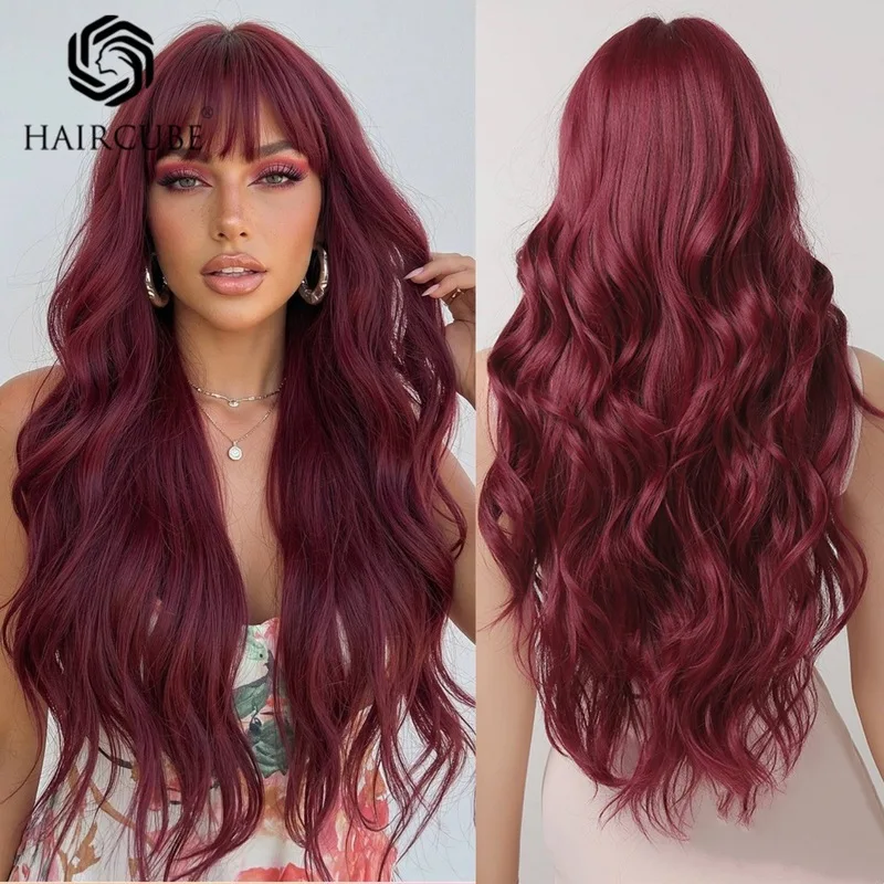 European and American style wine-red long curly wig with bangs made of high-temperature synthetic fiber rose net 28 inches