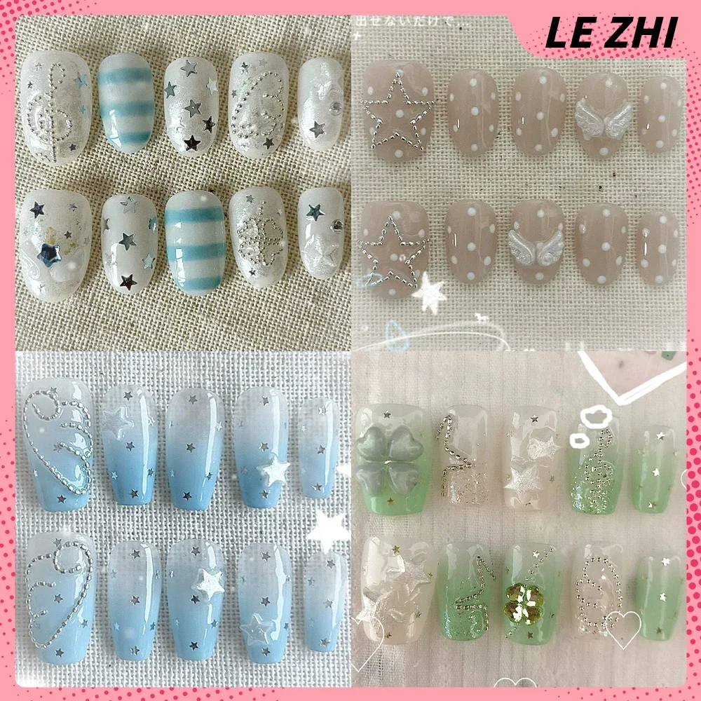 

10Pcs Kawaii Handmade Short Square Round Press On Nails Diamond Wing Note Polka Dot Star Bowknot Design Reusable False Nails