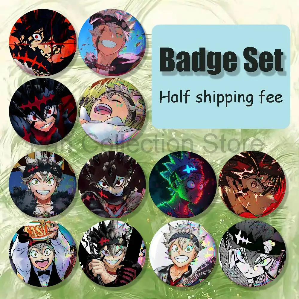 B-Black Asta C-Clover Brooches for Backpack Accessories 25,32,44,58,75mm Round Enamel Pins 4-piece set Cartoon Anime Badge