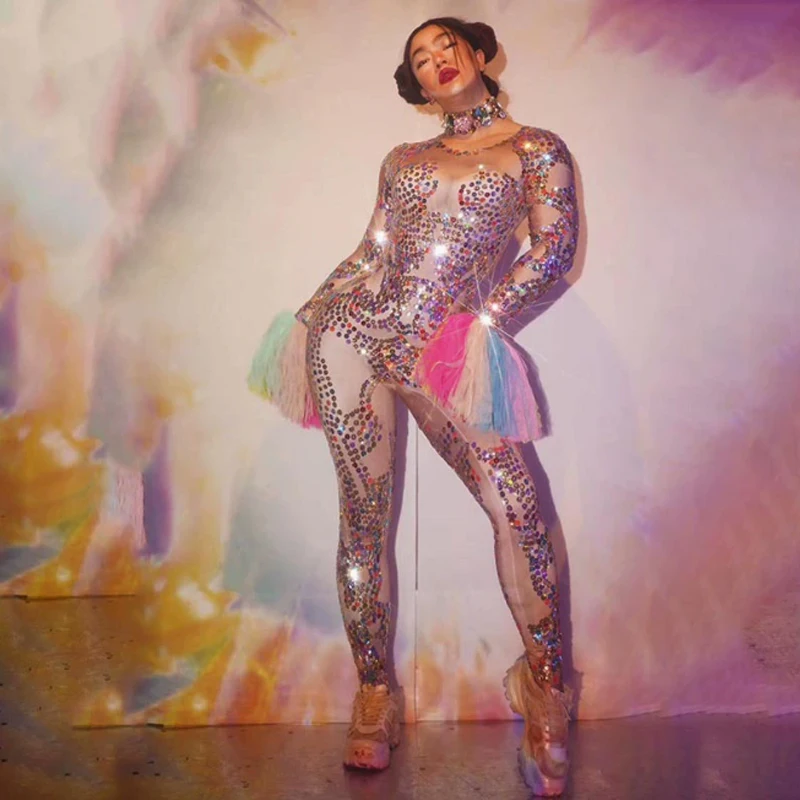 

High Collar Bodycon Sexy Girls Bling Crystal Dazzling Curvy Women Lady Skinny Pant One-Piece See-Through Bodysuit Jumpsuit