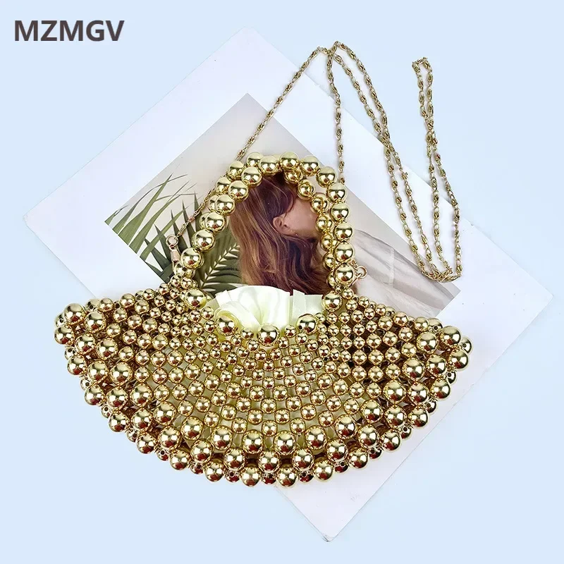 

Golden Acrylic Beaded Handbag Fashion Fan-shaped Women's Handmade Hollow Out Woven Bag Chain Shoulder Crossbody Evening Clutches