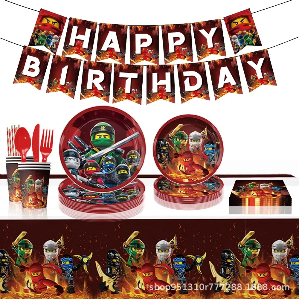 Decoración de cumpleaños Ninja para niños, suministros de fiesta de películas de dibujos animados, vajilla desechable, pegatinas, placa, globos, nuevo