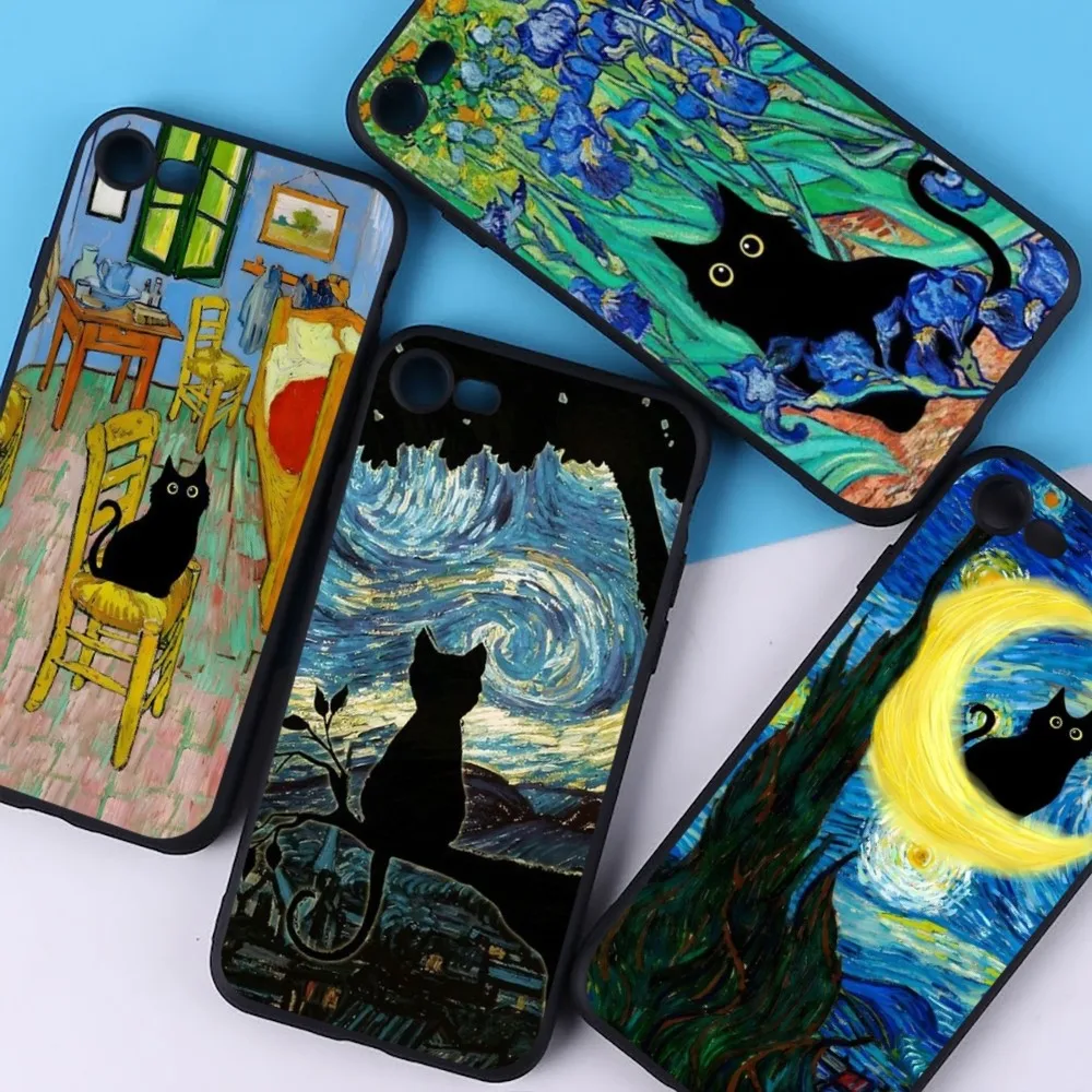 Van Gogh Cat Phone Case For iPhone 15 6 7 8 Plus 11 12 13 14 Pro SE 2020 MAX Mini X XS XR Back Funda Cover