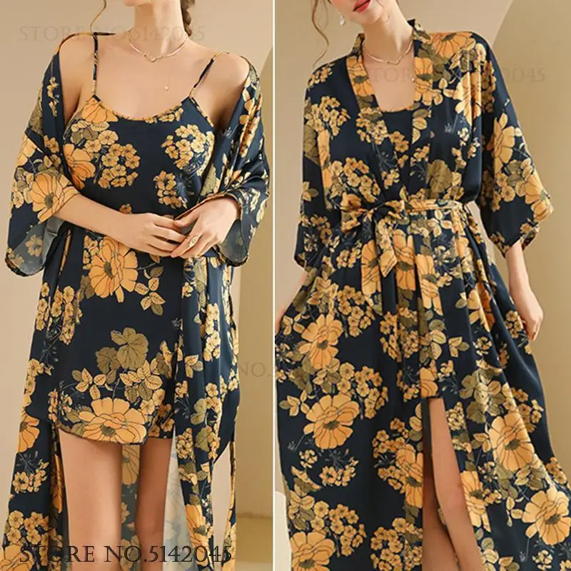 

Сексуальный женский длинный халат, ночная рубашка, комплект с цветочным принтом, банный халат с короткими рукавами, кимоно, свободная одежда для сна из ледяного шелка, ночная рубашка, домашняя одежда