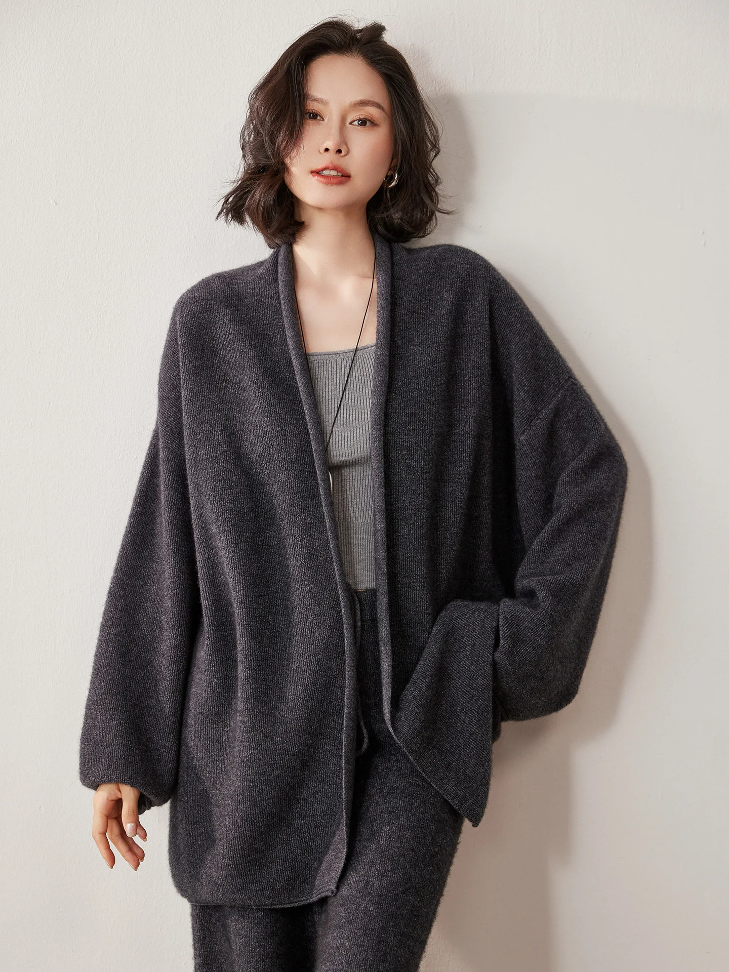 Autumn Winter 100% Cashmere Suit Women's Cardigan Knitted Sweater Soild Tops High Waisted Wide Leg Pants Sets High-end Comfort