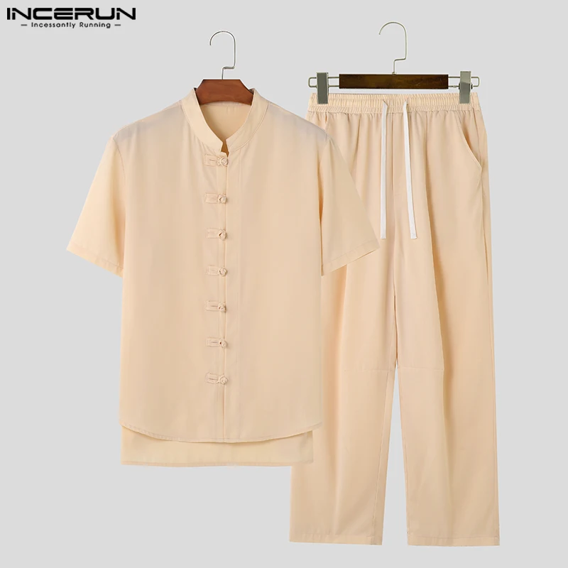 

INCERUN 2023 Chinese Style New Mens Leisure Sets Stand Neck Knot Button Short Sleeved Shirts Drawstring Pant Suit 2 Pieces S-5XL