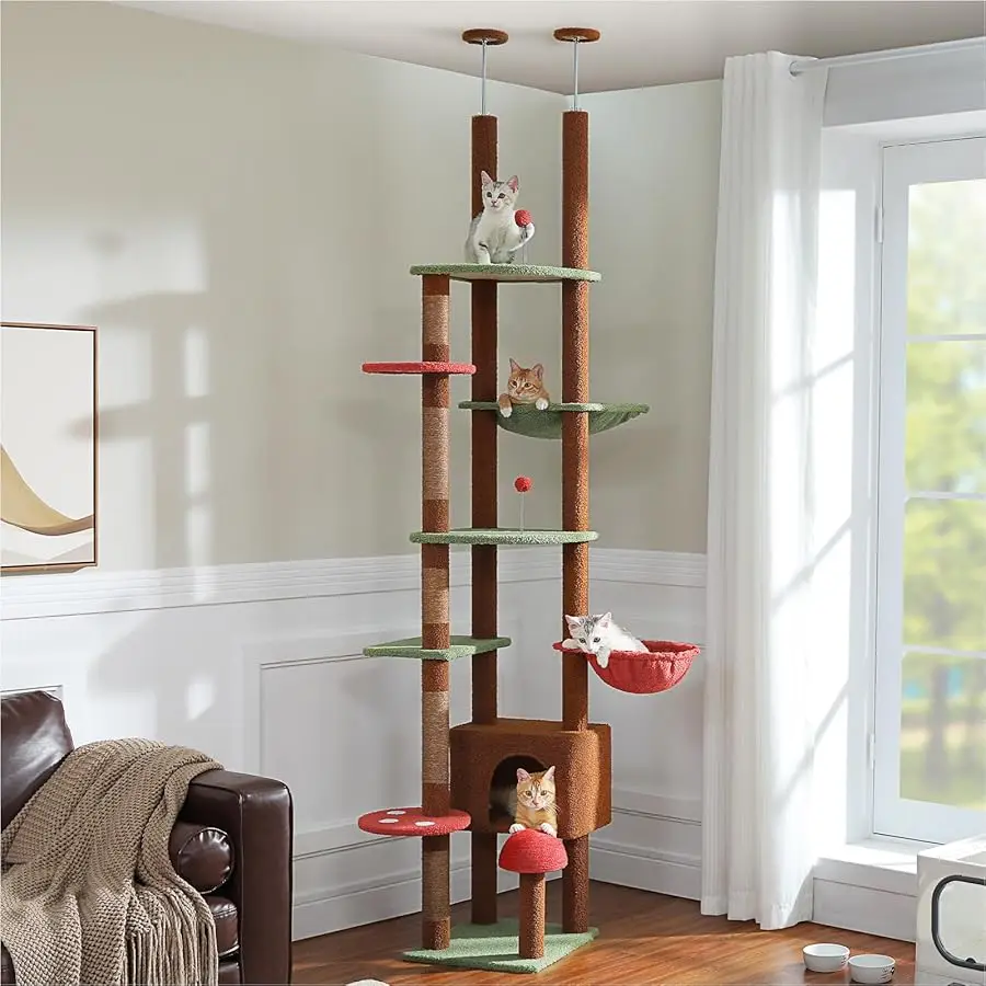 

PETEPELA Floor to Ceiling Cat Tree, Adjustable 90.5''-100.4'' Cat Tower Mushroom Climbing Tree with Scratching Posts, Spacious C