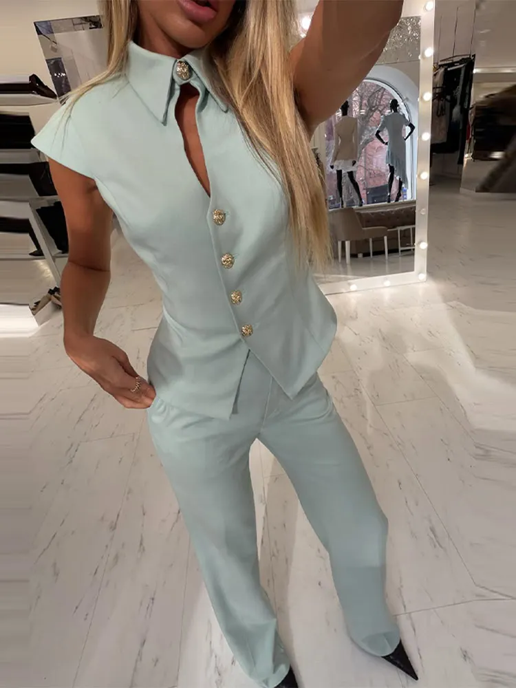 Neue Sets: Sexy, schmal geschnittene Oberteile mit Revers, Cape-Ärmeln und Cut-Outs sowie einreihige, taillierte Hosen für Damen – Detail 27