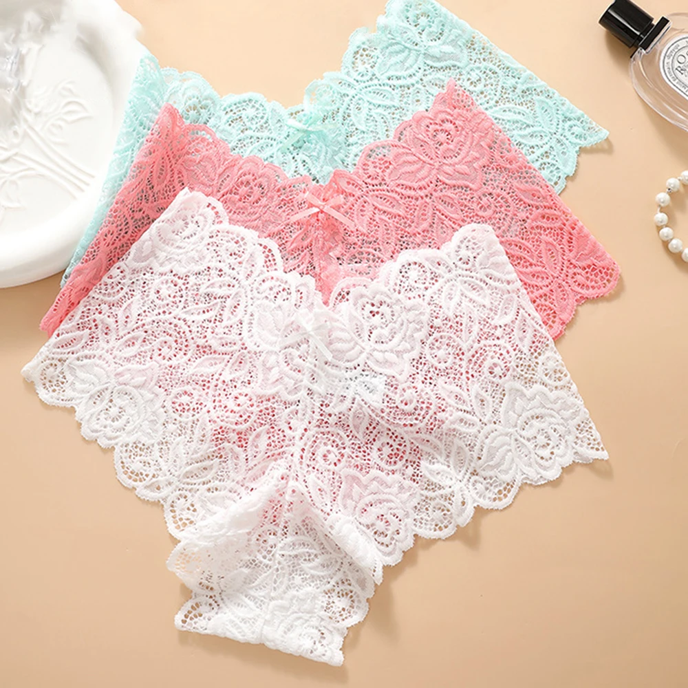 3 قطعة الملابس الداخلية النساء منخفضة الخصر لينة الملابس الداخلية مثير الأزهار تفريغ الدانتيل الصلبة السروال الإناث ملخصات الفتيات العشير سراويل