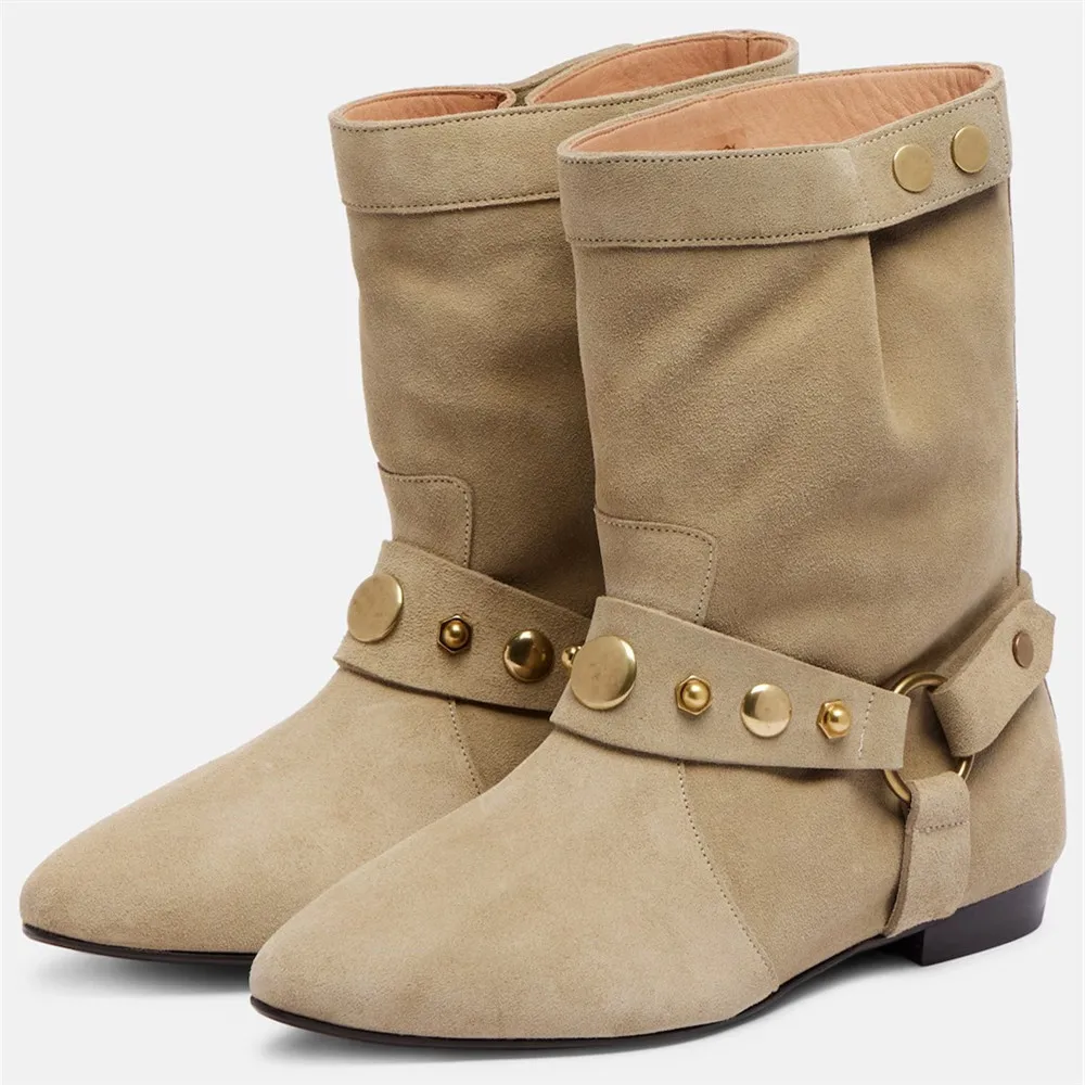 

Women Pointed Toe Low Heels Boots Woman Square Heels Rivet Slip-On Solid Color Ankle Boots Fashion Ladies Metal Decoration Boats