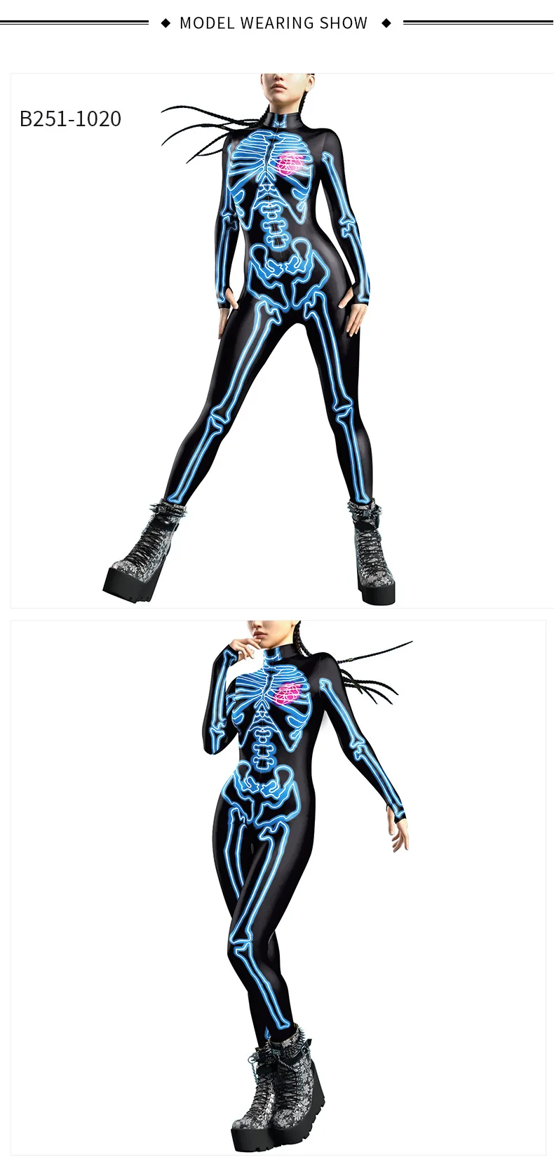 Karneval Halloween Party Fluoreszierender Skelett-Druck Damen Sexy Jumpsuit Cosplay Kostüme Ausgefallener Totenkopf-Bodysuit Mujer 2026 – Detail 20