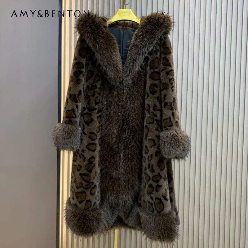 

American Style Fashion Leopard Print Long Hooded Imitation Mink Fur Women's 2024 Winter New Temperament Thin Faux Woolen Coat