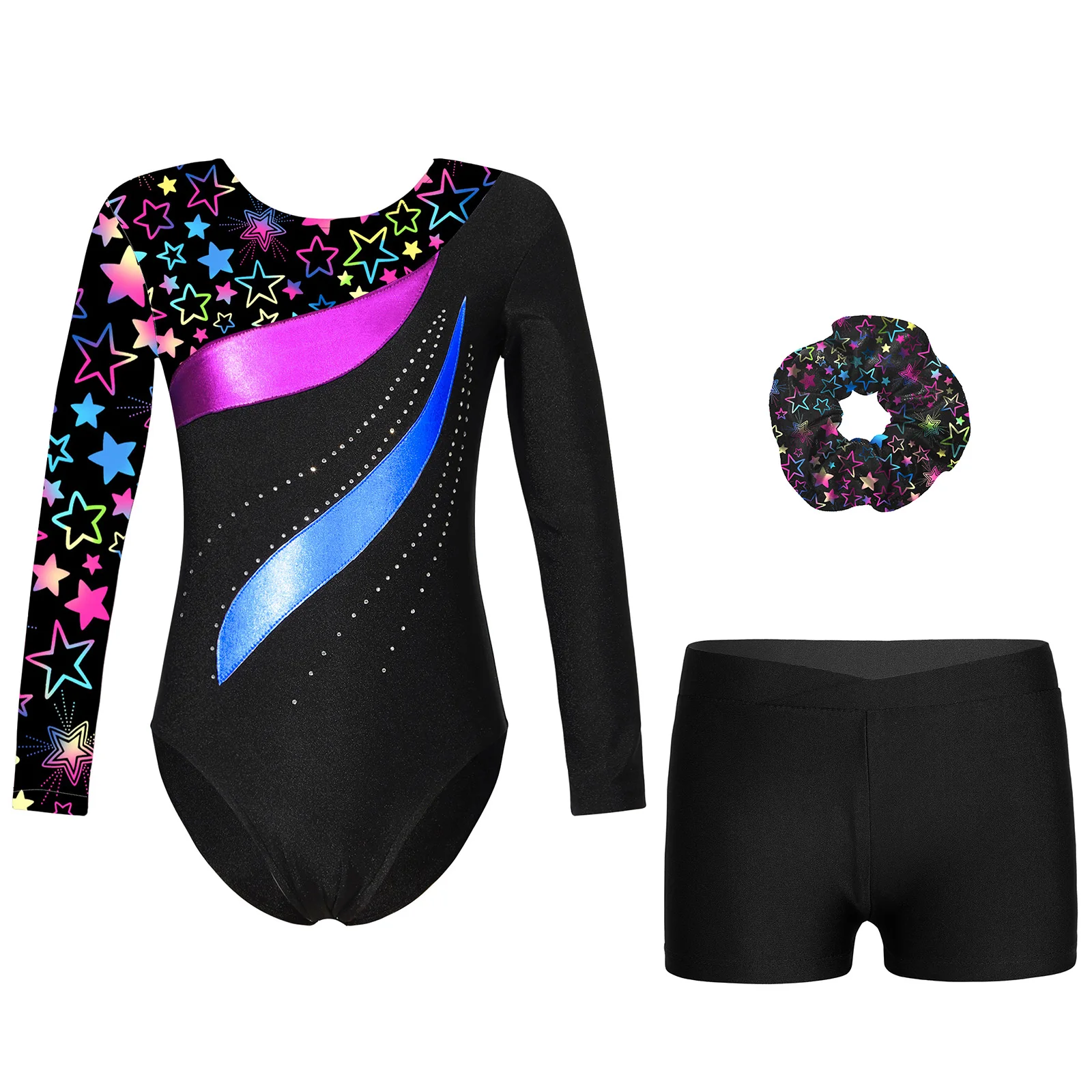 Kids Girls Ballet Dance Leotard Rhinestones Gymnastic Bodysuit with Shorts Hair Tie Set Skating Stage Performace Dancewear