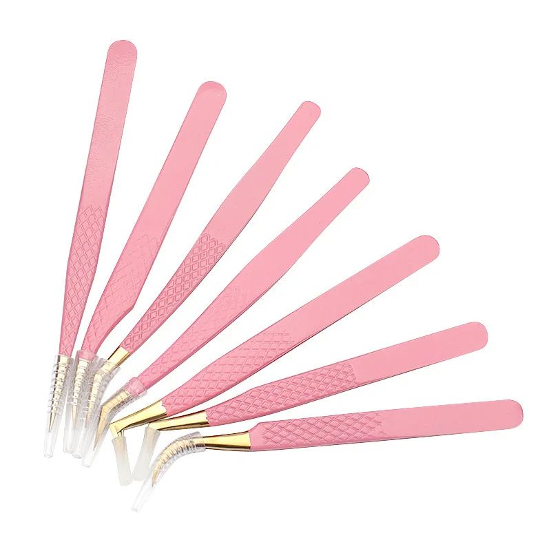 Pinzas de extensión de pestañas postizas de acero inoxidable rosa, tira curva Individual, pinzas para cejas, pinzas para el cabello, herramienta de maquillaje de Arte de uñas