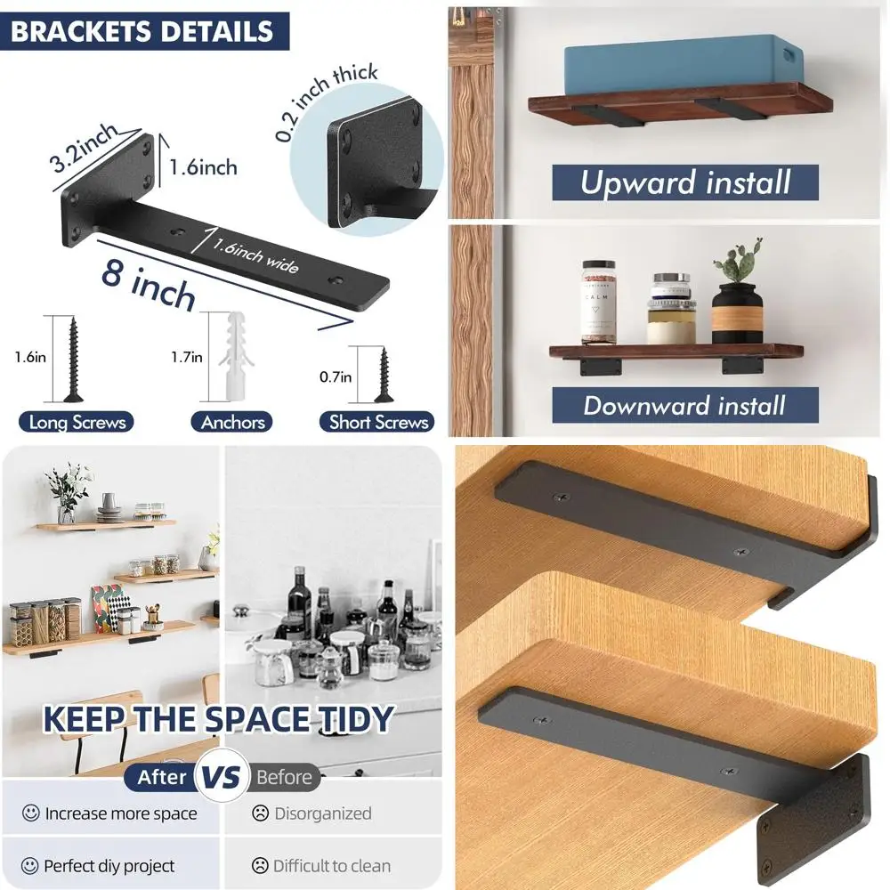 

8-Pack 8 Heavy-Duty Black Metal Shelf Brackets for 1/5 Thick DIY Floating Shelves