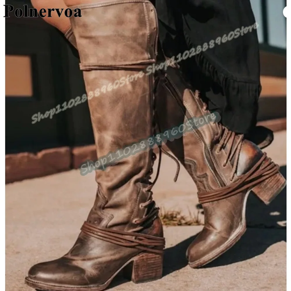 

Кожаные сапоги до колена в ретро-стиле с перекрестной шнуровкой, на высоком каблуке, с боковой молнией, круглым носком, модные женские ботинки.