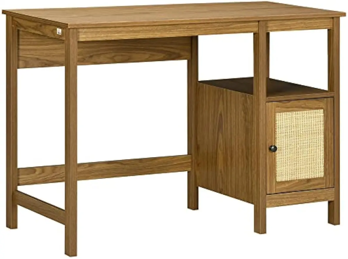 

Compact Small Computer Desk with Storage Shelf & Rattan Cabinet Space-Saving Workstation, Light Walnut - Great for Home Office