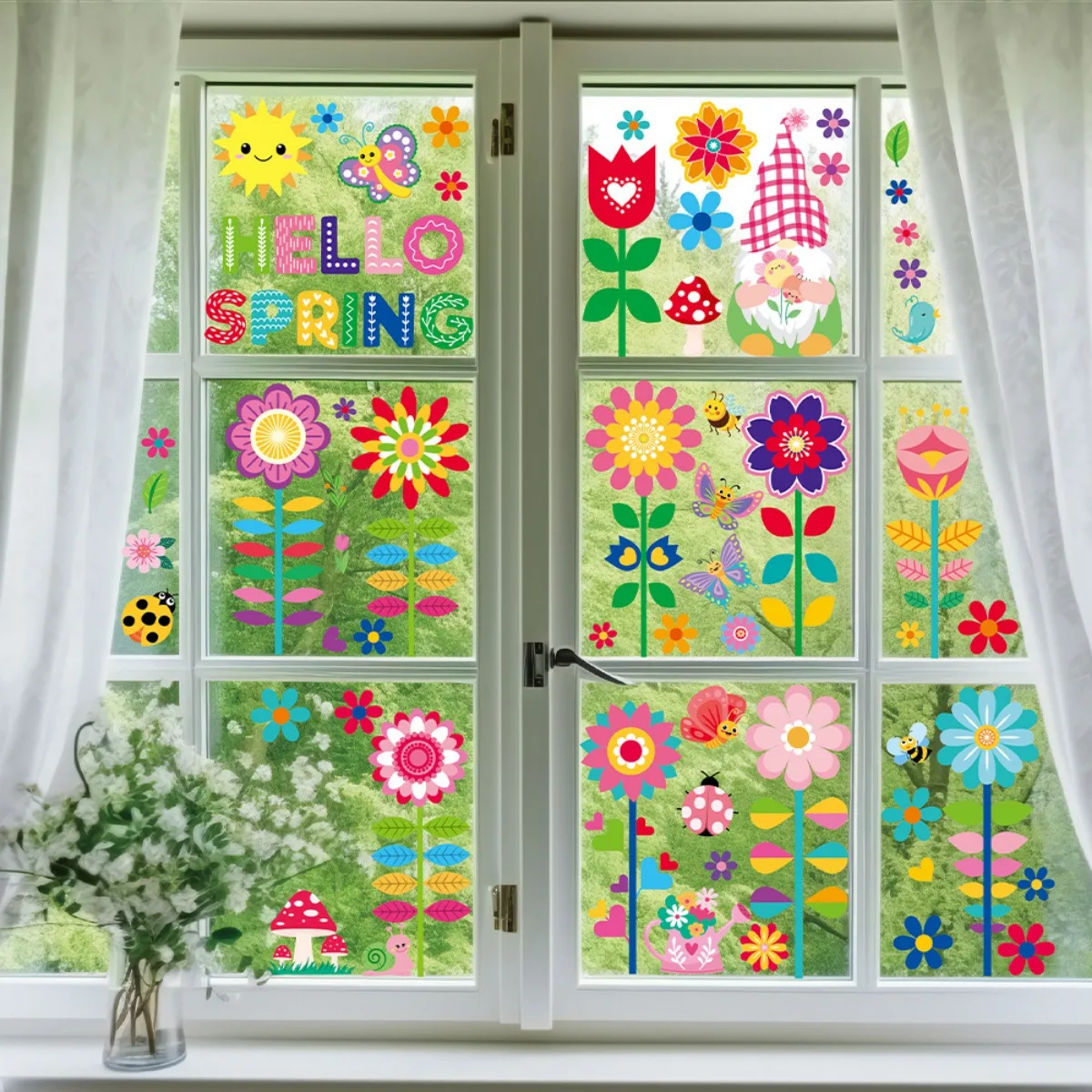 9Sheets Spring Glass Door Mirror Stickers Double Sided Flower Butterfly Electrostatic Window Sticker Happy Easter Decor Sticker