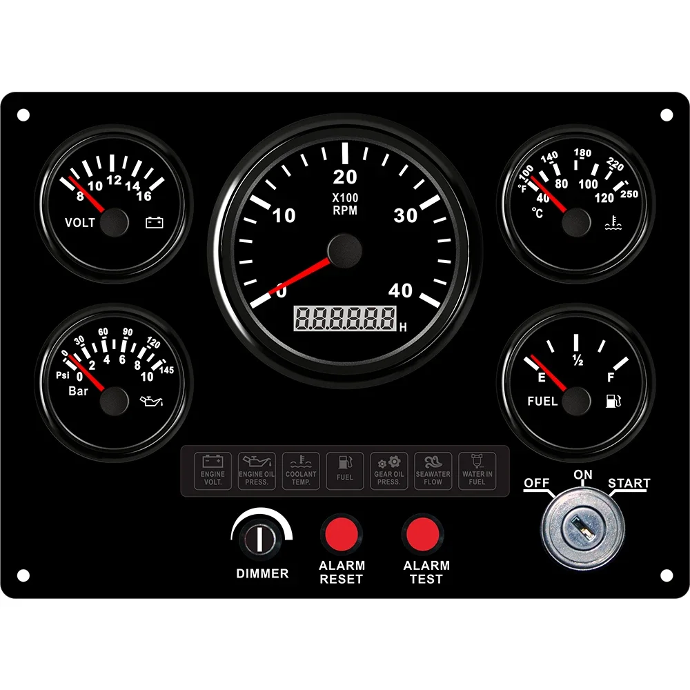 Car Waterproof 5 Gauge Set Instrument Panel with 4000RPM Tachometer Fuel Level Water Temp. Oil Pressure Voltmeter 241*177mm 12V