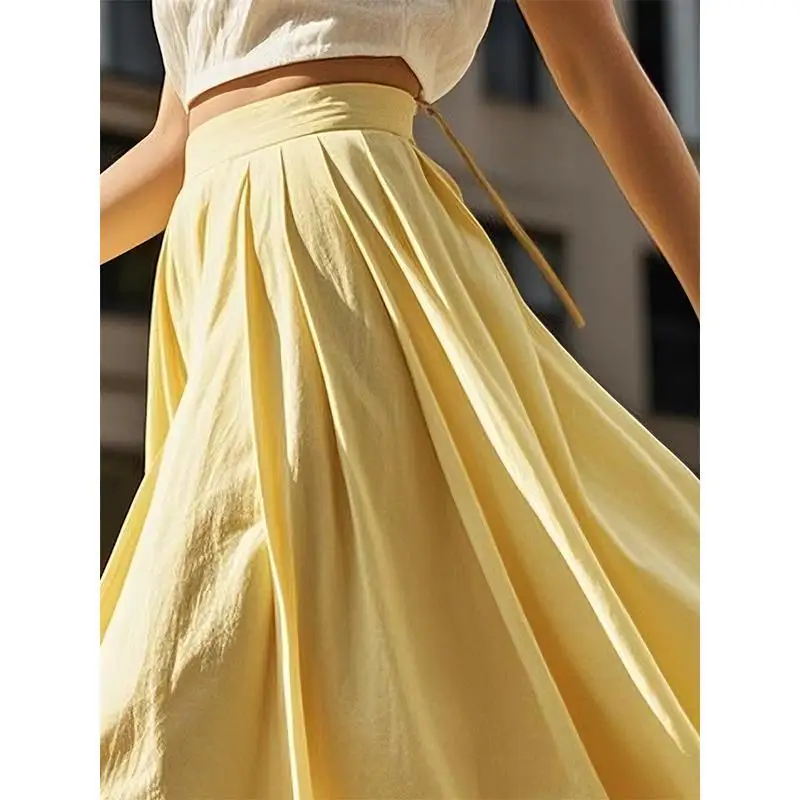 

2025 Women Yellow Cotton Big Swing Long Skirt Vintage High Waist Side Zipper A-line Summer Skirts Holiday