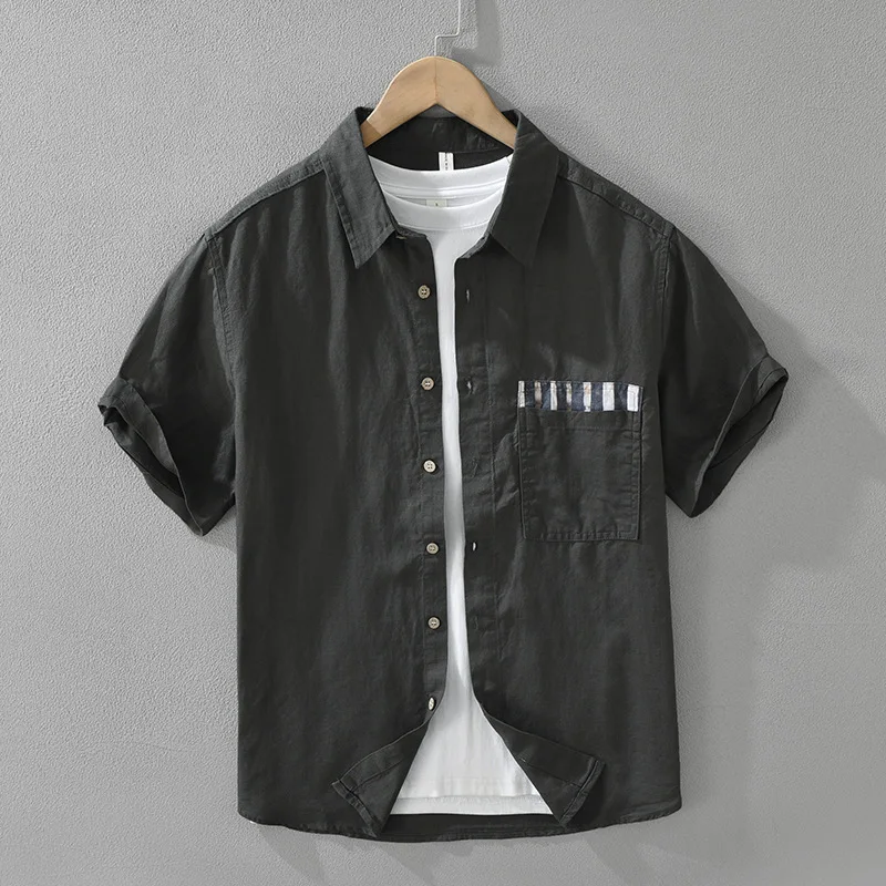 Men's Japanese style fresh color blocked linen short sleeved shirt, fashionable and versatile, artistic and casual loose top