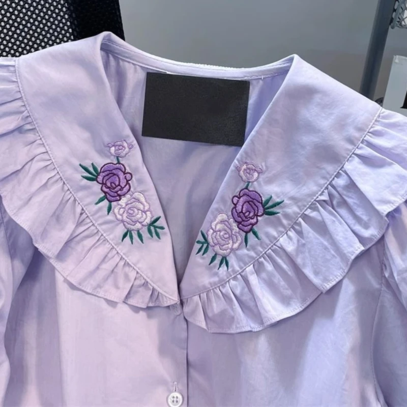 Purple Sweet Flower Embroidery Peter Pan Collar Women Shirt Kawaii Ruffles Puff Sleeves Lolita Blouses Tops Elegant Blusas Mujer