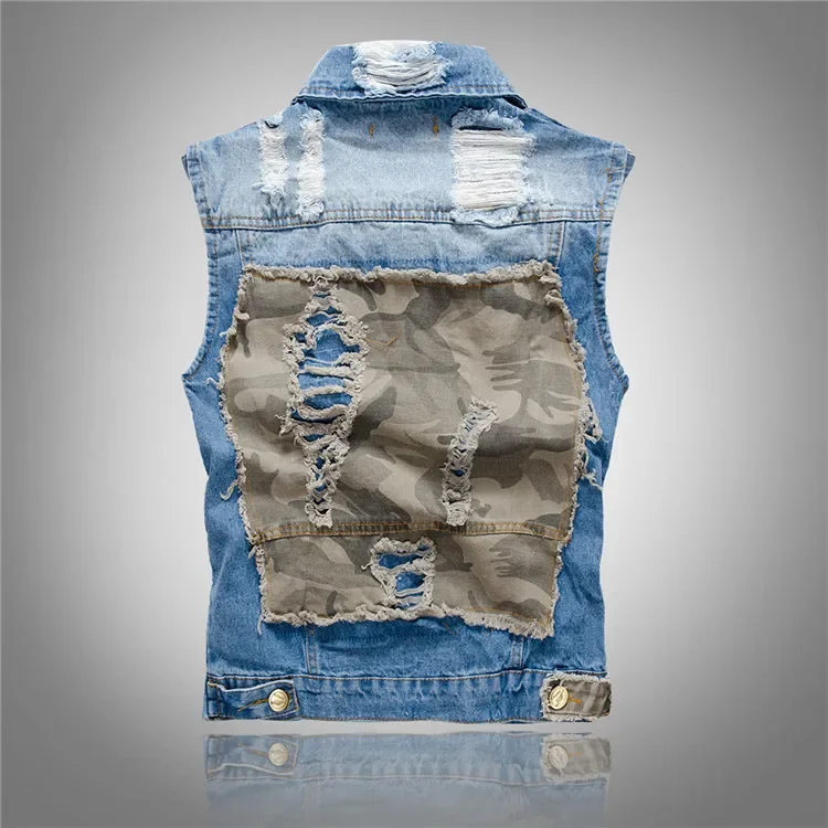 Uomo Patched Denim gilet gilet giacche nuova moda maschile Fit cappotti High Street Wear fori Jeans taglia S-5XL