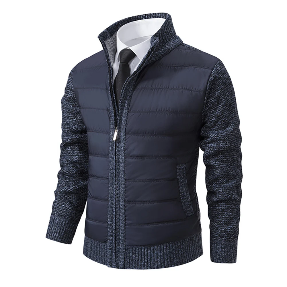 Men\'s Thickened Plush Knitted Sweater Jacket with Stand Collar and Zipper Closure Designed for Casual and Holiday Use
