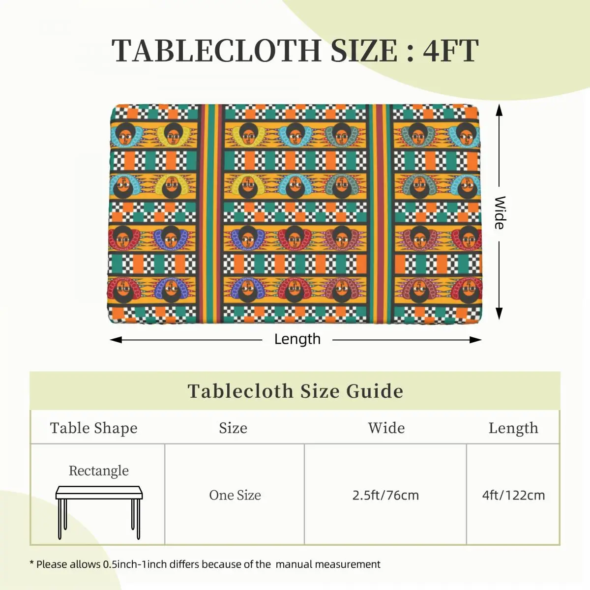 Custom Ethiopian Colourful Art Pattern Rectangular Tablecloth Oilproof 4FT Table Cloth Table Cover