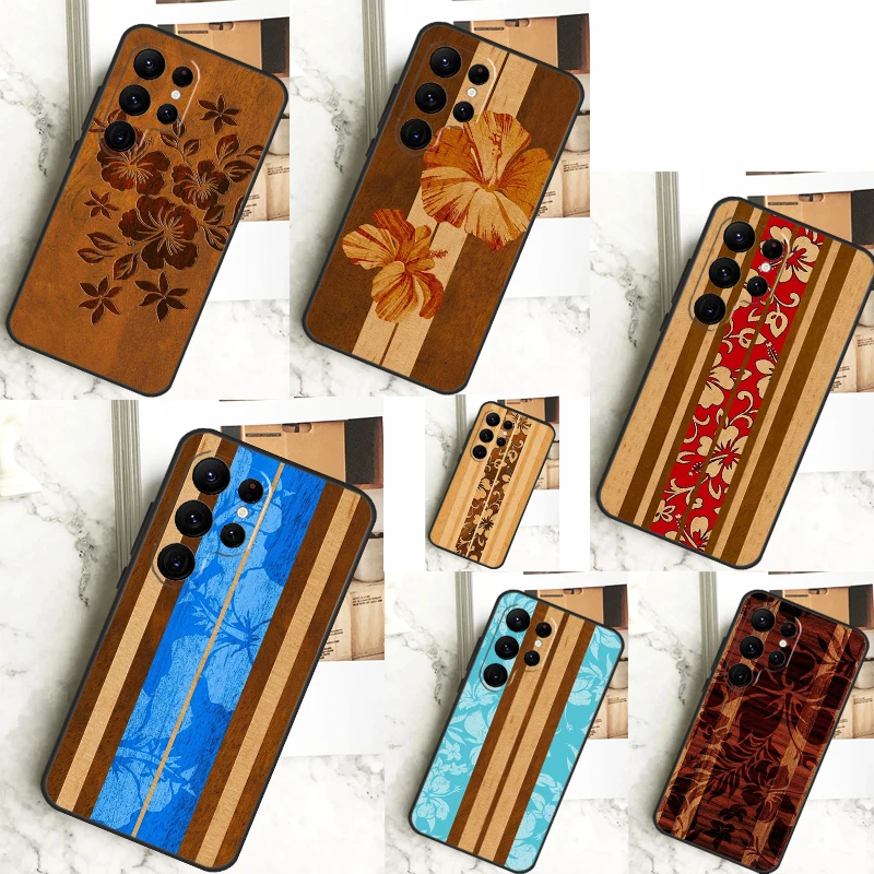 Beach Hawaiian Faux Koa Wood Case For Samsung Galaxy S23 S22 S24 Ultra S8 S9 S10 Plus Note 10 20 Ultra S20 S21 FE Cover