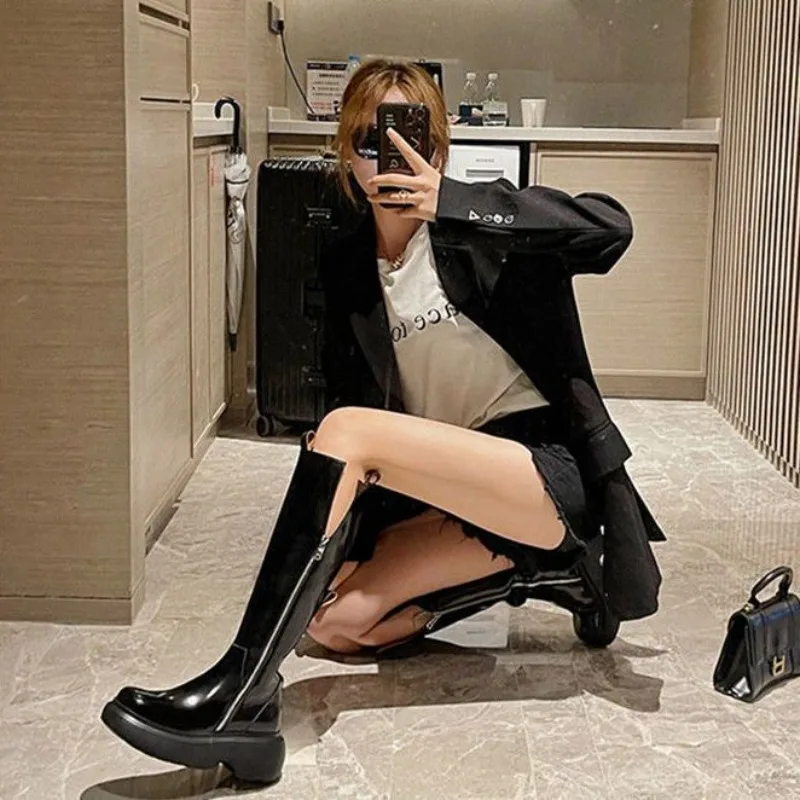 Round Toe Footwear Leather Black Winter Knee High Shaft Platform Biker Long Shoes for Women Ladies Boots 2024 New Waterproof Hot