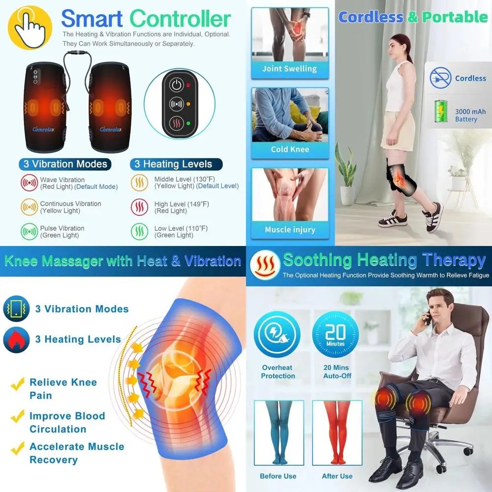 

Wireless Knee Massager with Heat and Vibration for Pain Relief, Rechargeable Knee Support Brace for Deep Tissue Massage, Warming