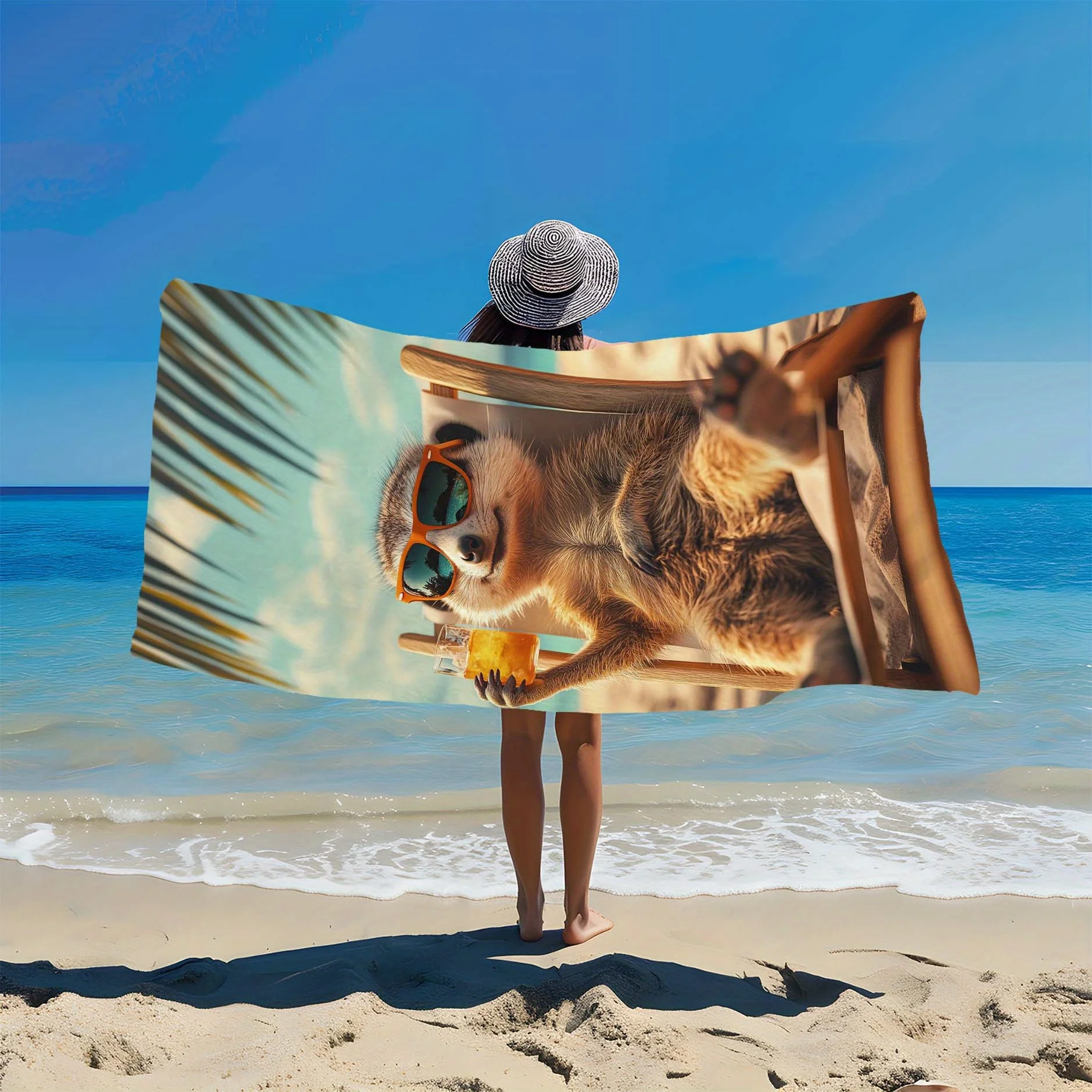 Zeal Lily Beach Towel with Cute Meerkat Tropical Drink Print, Soft Microfiber Lightweight Rectangular Towel for Swimming, Yoga