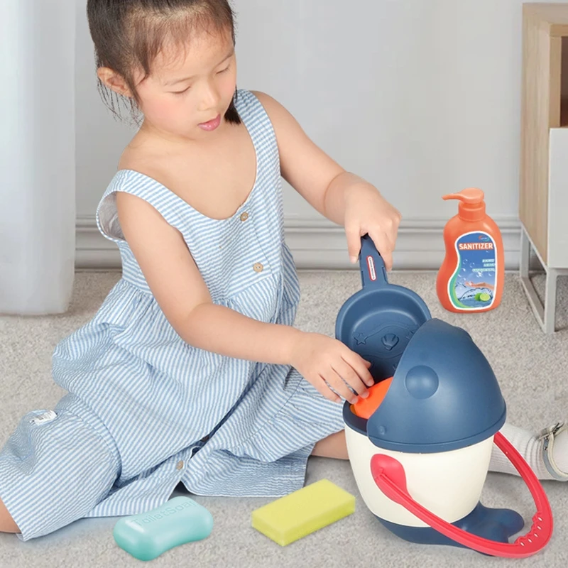 Kids Cleaning Toys for Play Set Durable Housekeeping Broom Dustpan Mop Towing Bucket Soap Brush Spray Bathroom Cleaning