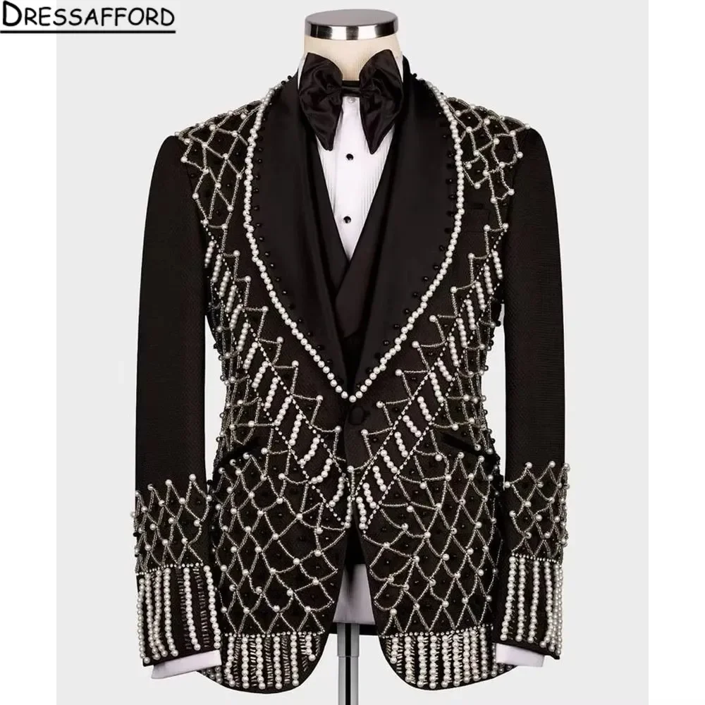 Black Suits Men For Wedding 2 Pieces Jacket Pants Handmade Pearls Beading Groom Tuxedo Formal Business Banquet