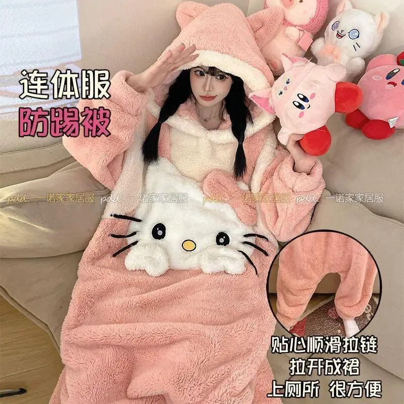 

Новый зимний комплект домашней одежды для женщин: флисовая утепленная пижама-комбинезон с капюшоном Hello Kitty, милый, толстый, с защитой от царапин, Sanrio