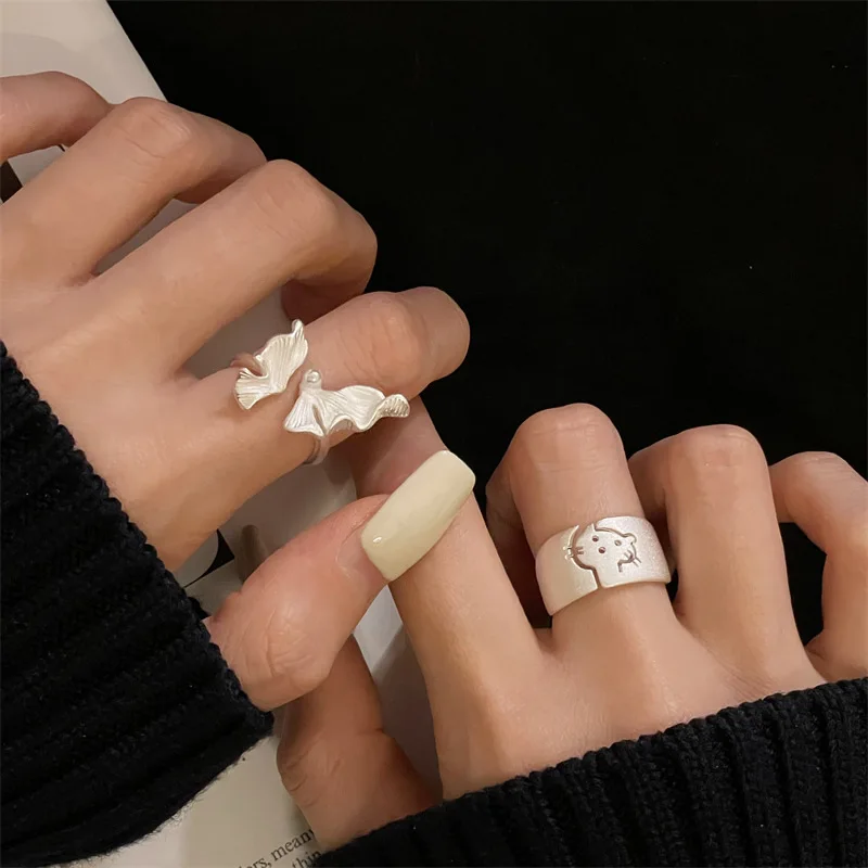 ENSHIR Butterfly Pearl Brushed Finish Open Ring For Women Matte Cat Temperament French Luxury Design Jewelry Gifts Wholesale