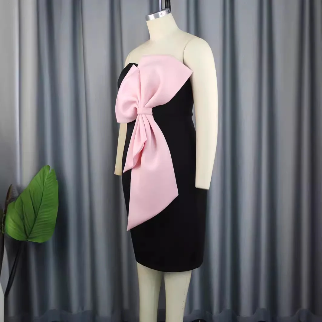 Prowow-Vestido ajustado y Sexy para mujer, ropa elegante con lazo grande, color rosa, sin hombros, color negro, para fiesta de cumpleaños, Verano